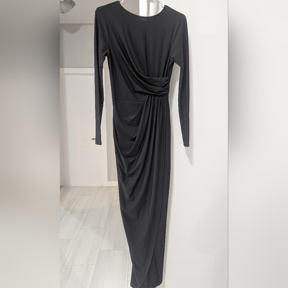 Elegant Black Long Sleeve Side Draping Maxi Dress